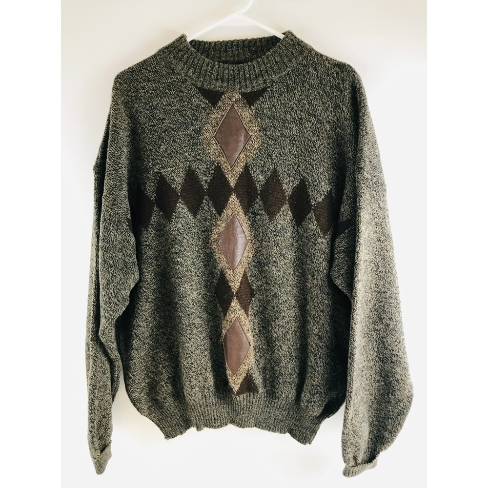 Gian Alberto Sweater Women's XL Brown Pullover Wool Blend Leather Patches Knit